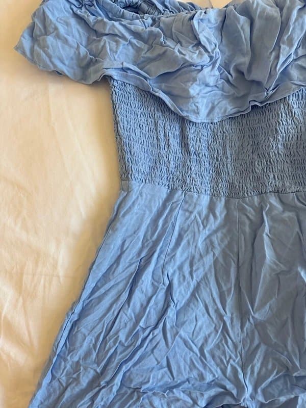 ASOS ASOS petite U.K. 2 blue off shoulder Bardot ruffle ruched playsuit