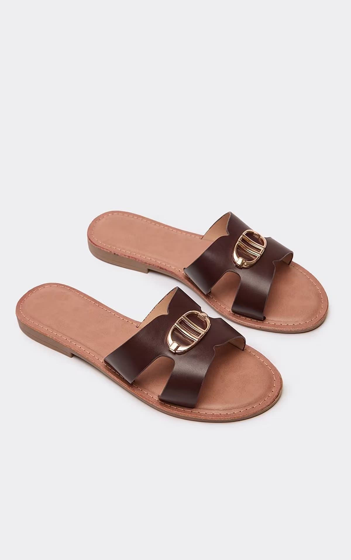 EGO Marla Cut Out Trim Detail Flat Slider Sandal In Brown Faux Leather, Women's Size UK 3