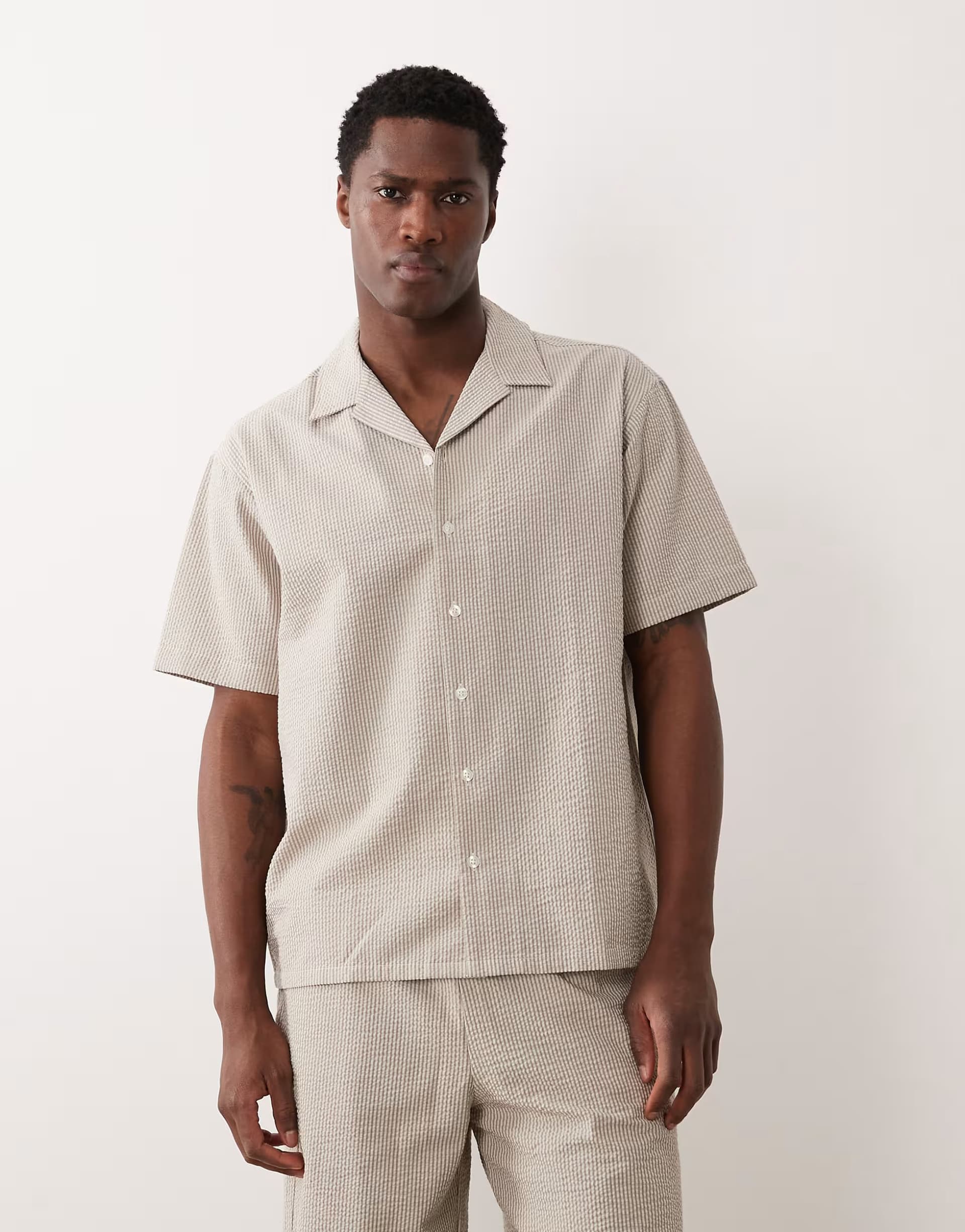 ASOS JJ Rebel co ord seersucker shirt in stripe beige