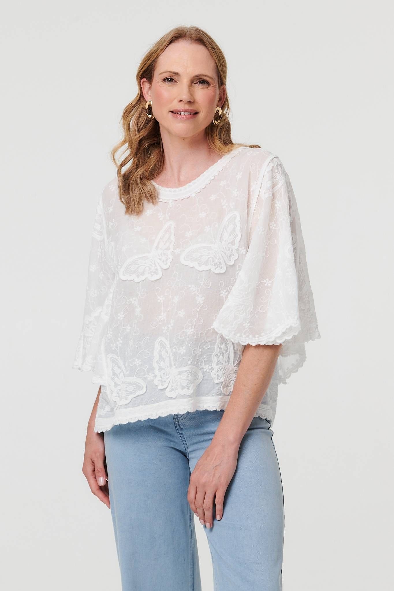 Izabel London White Butterfly Textured Lace Trim Blouse