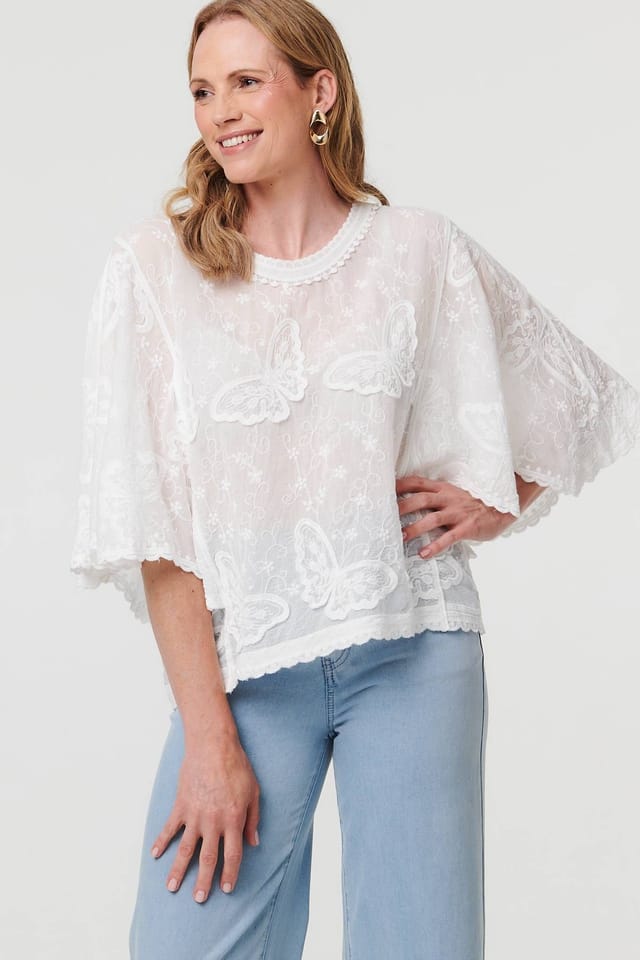 Izabel London Izabel London Women's Butterfly Textured Lace Trim Blouse in White - 2