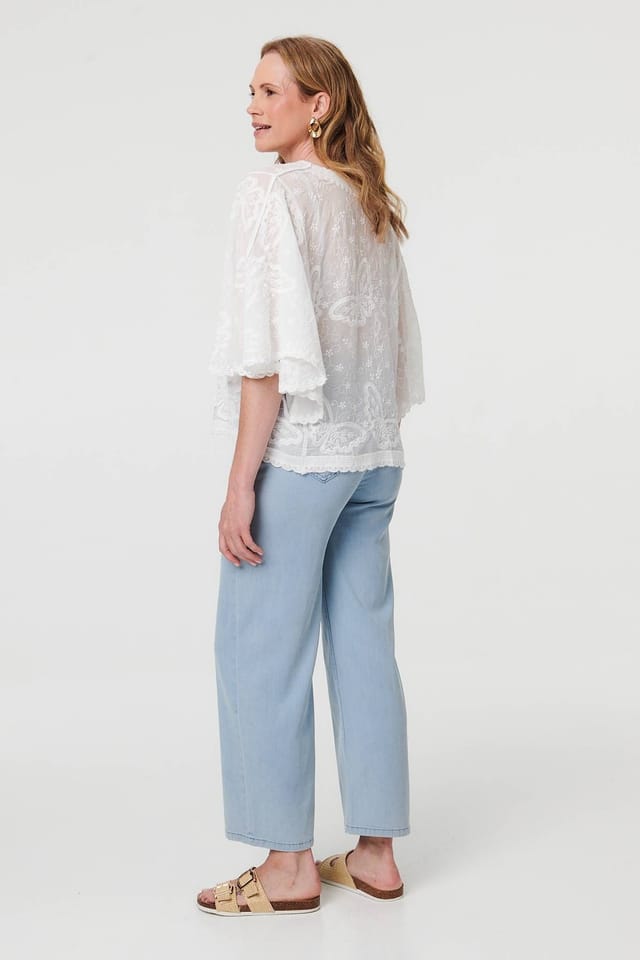 Izabel London Izabel London Women's Butterfly Textured Lace Trim Blouse in White - 3