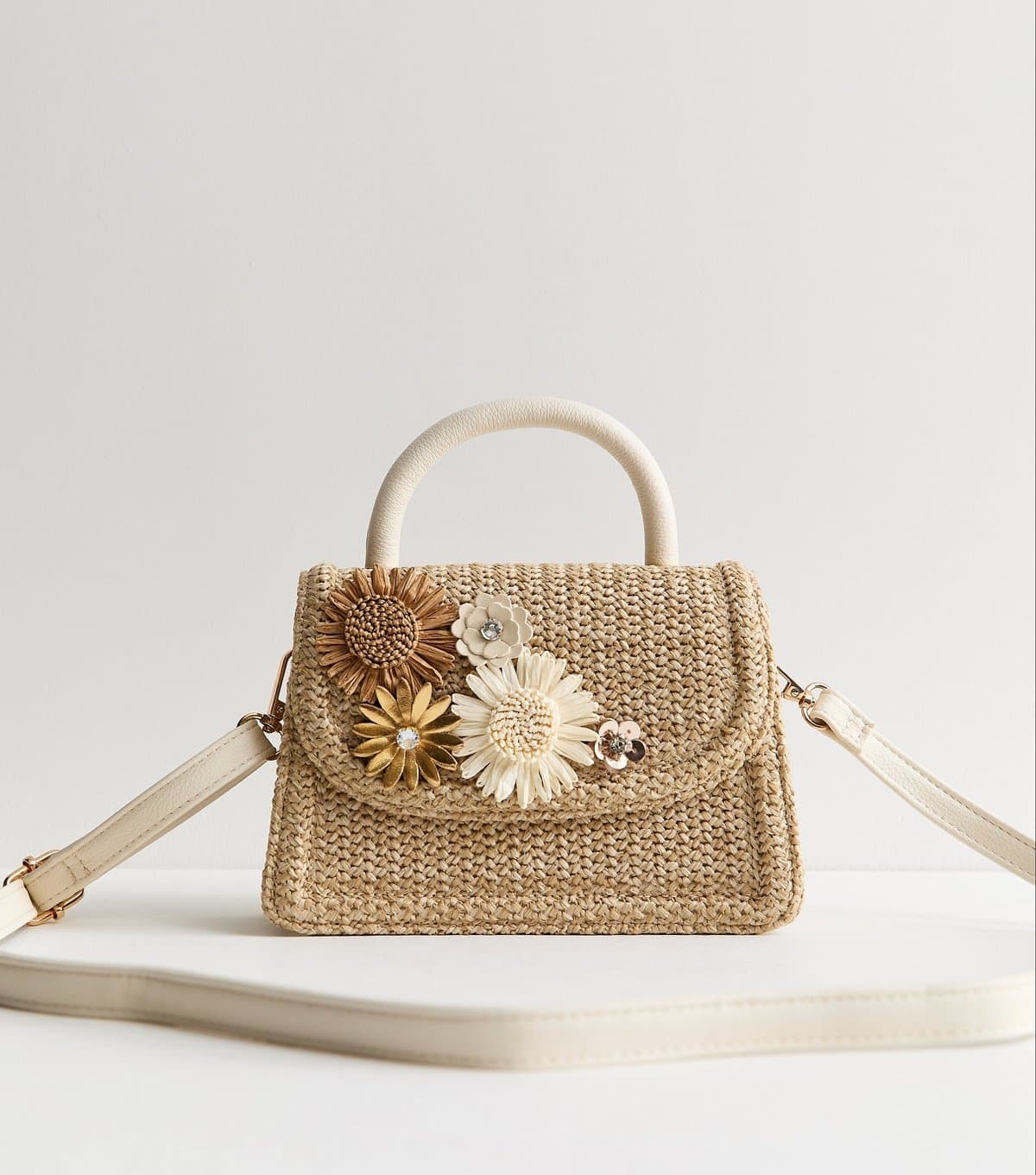 New Look Stone Woven Floral Corsage Top Handle Bag New Look