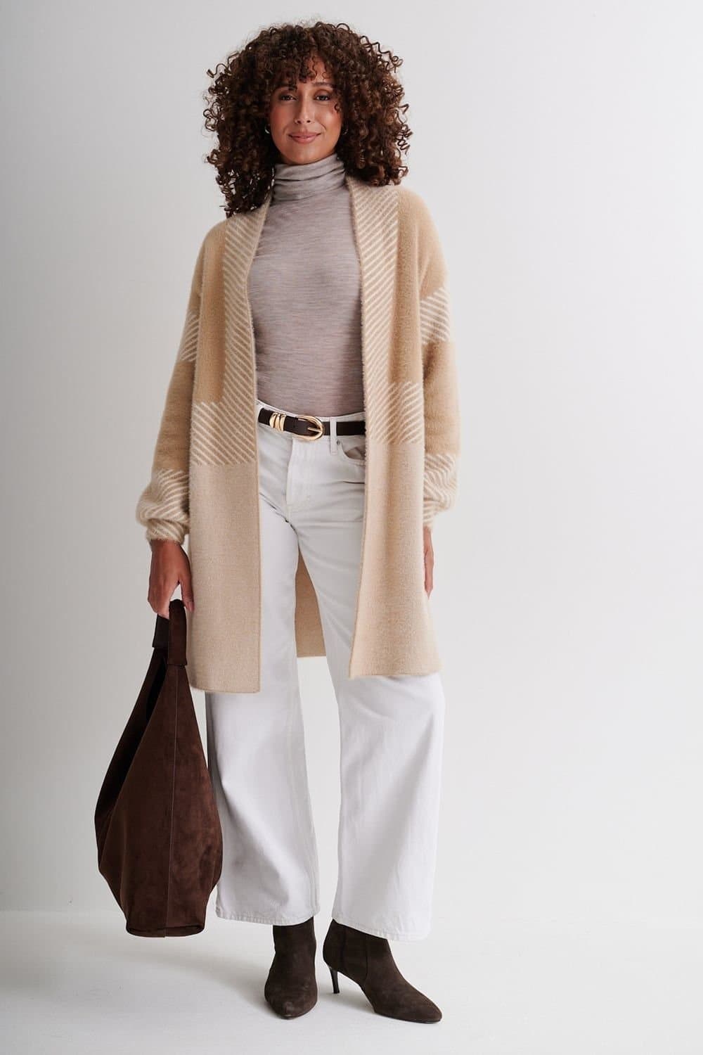 Klass. Klass. Women's Feather Knit Longline Cardigan in Beige