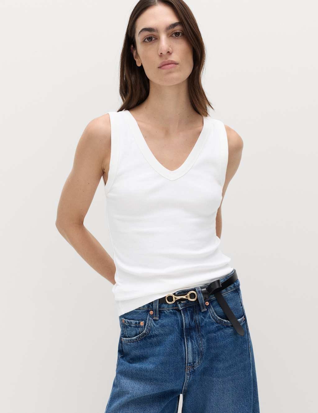 Marks & Spencer M&S Cotton Rich Ribbed V-Neck Vest Soft White - 3