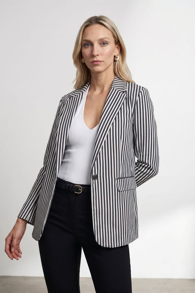 Dilvin Dilvin Women's Striped Poplin Blazer Jacket in Off-White - 3