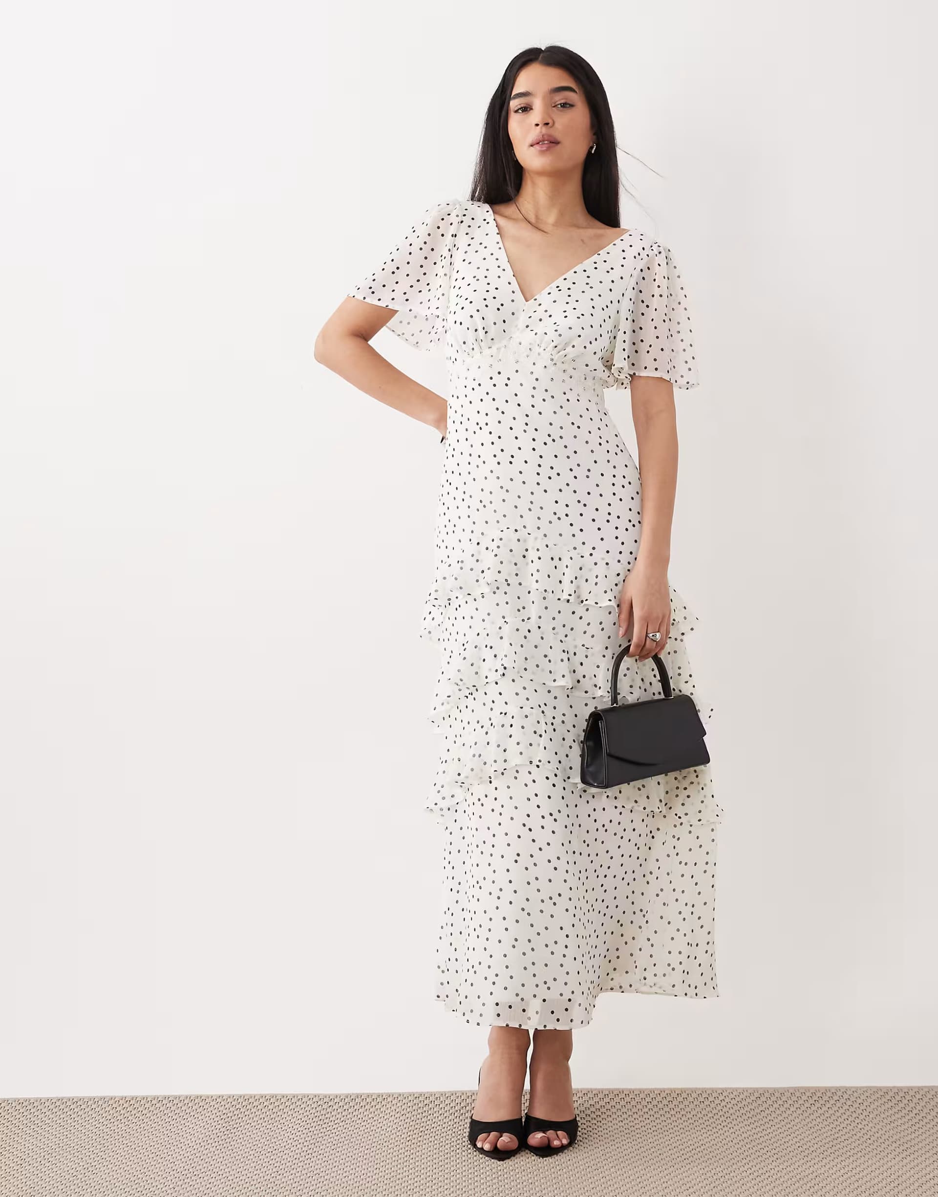 ASOS New Look chiffon tiered polka dot maxi dress in cream