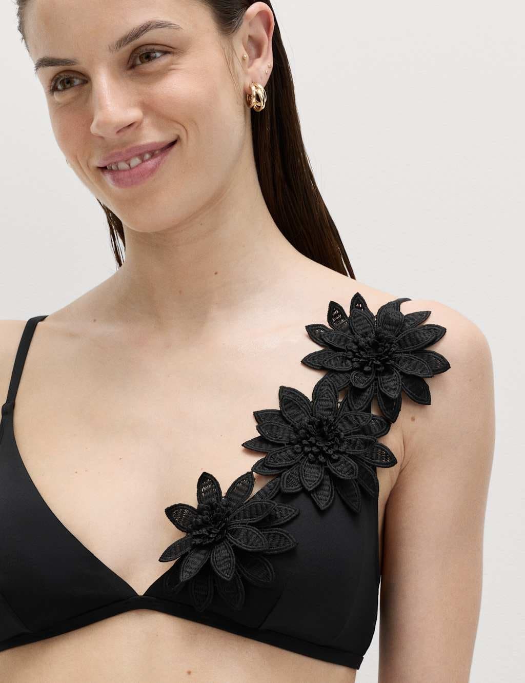 Marks & Spencer M&S Floral Detail Plunge Bikini Top Black
