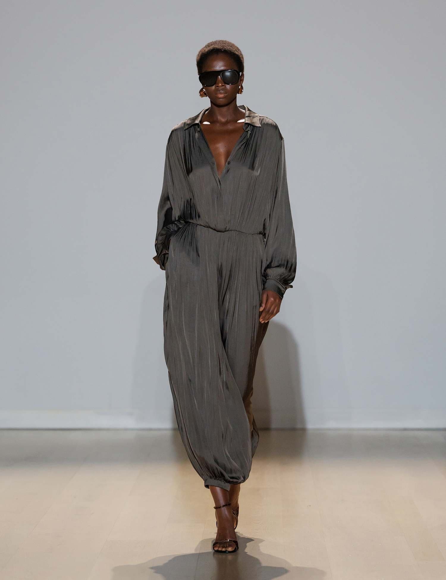 Marks & Spencer M&S Pleated Satin Jumpsuit Dark Mole