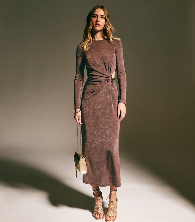 New Look Women's Dark Brown Side Knot Ruched Long Sleeve Midi Dress New Look - 3