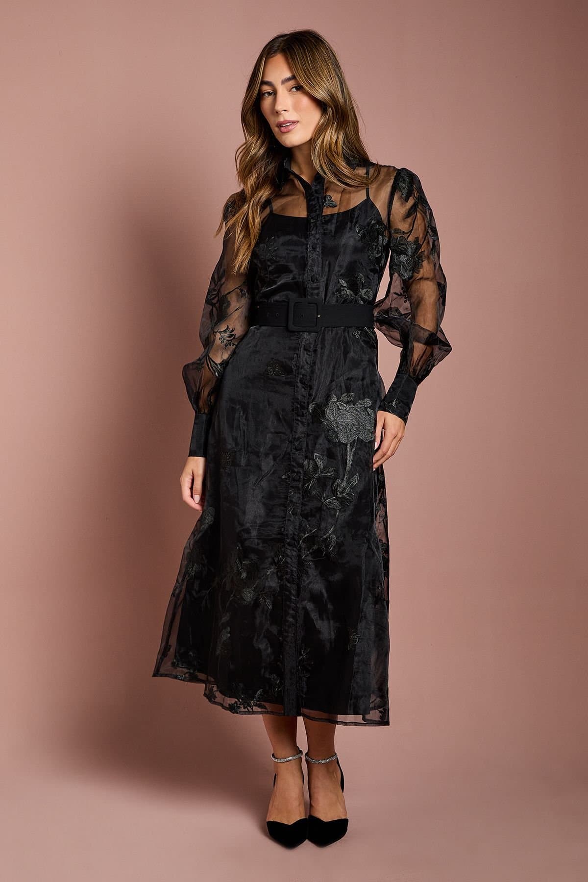 Coast Coast Women's Long Sleeve Embellished Organza Shirt Dress in Black