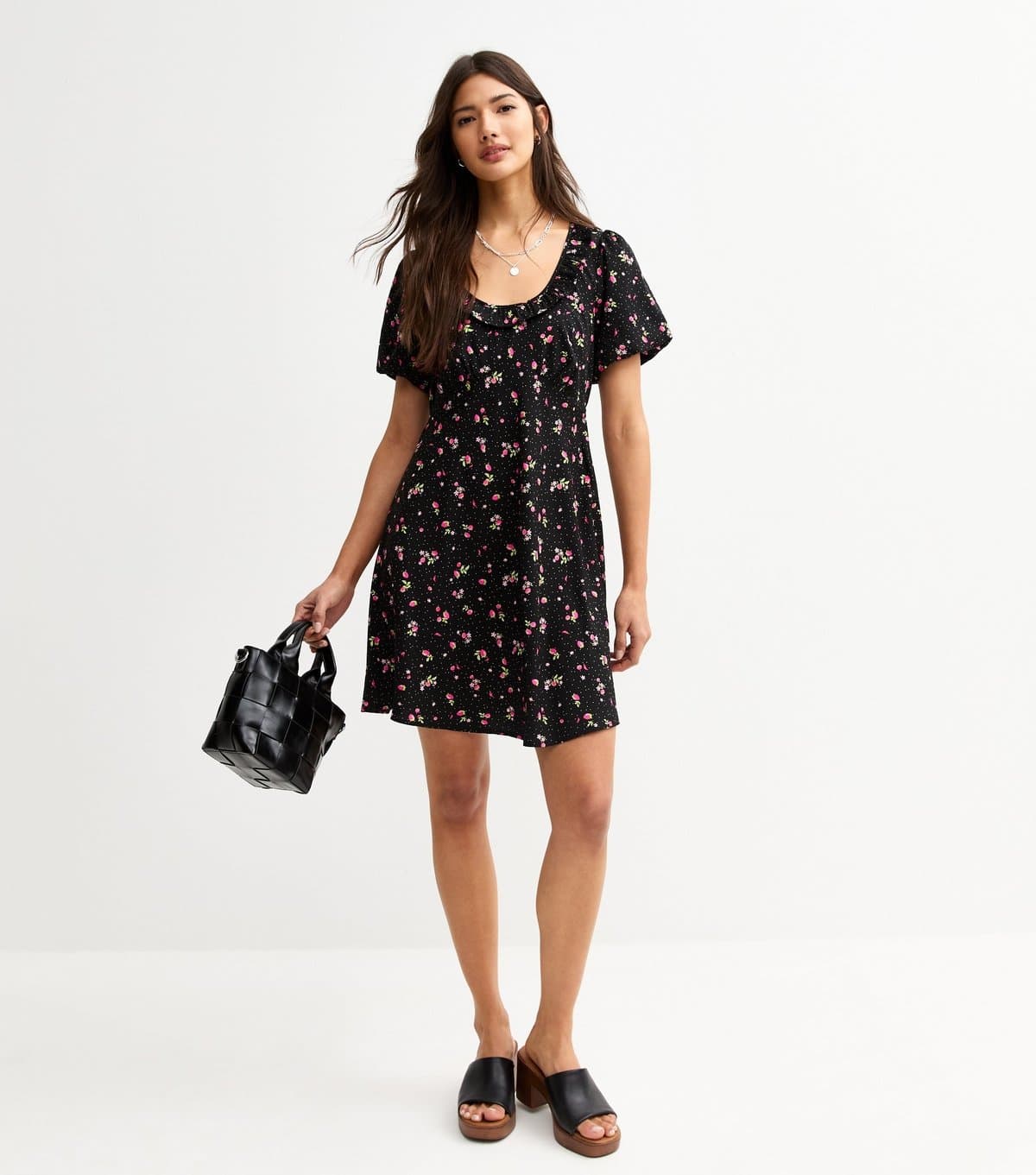New Look Women's Black Lightweight Floral Berry Dot Print Frill Neck Mini Dress New Look