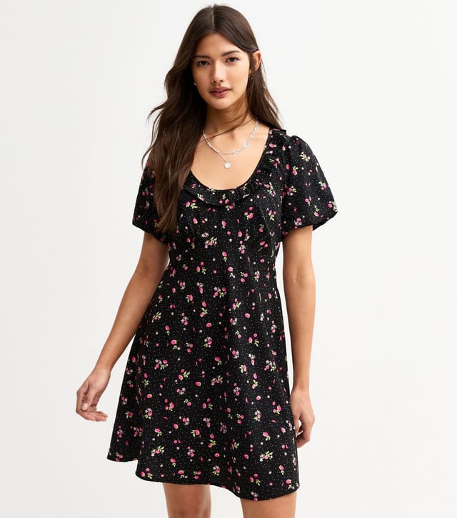 New Look Women's Black Lightweight Floral Berry Dot Print Frill Neck Mini Dress New Look - 2