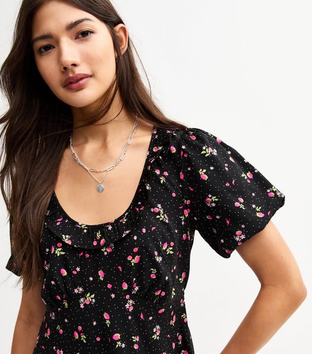 New Look Women's Black Lightweight Floral Berry Dot Print Frill Neck Mini Dress New Look - 3