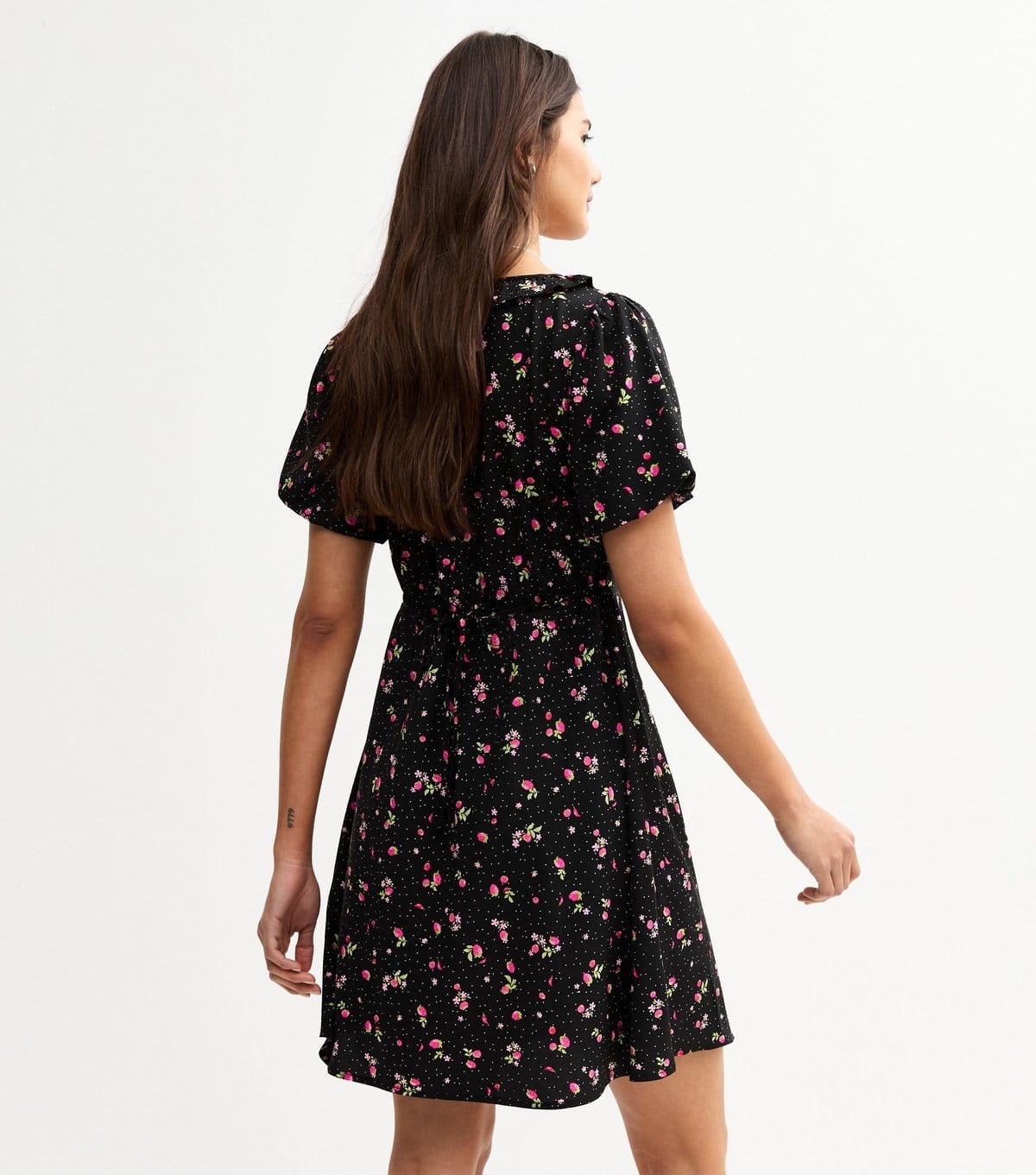 New Look Women's Black Lightweight Floral Berry Dot Print Frill Neck Mini Dress New Look - 4