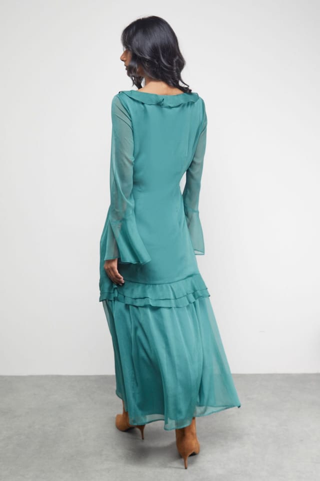 Warehouse Warehouse Women's Chiffon Ruffle Gathered Bodice Midi Dress in Dark Green - 3