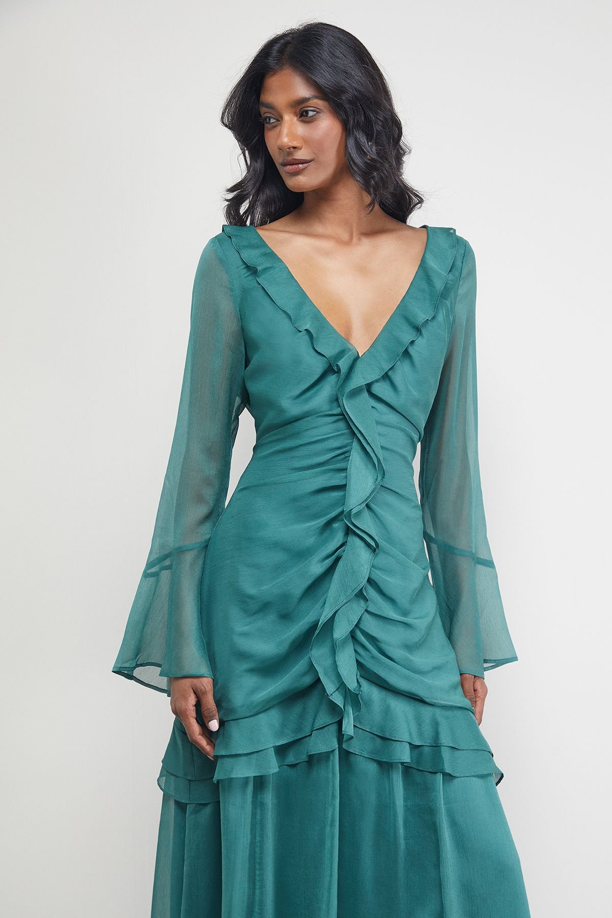 Warehouse Warehouse Women's Chiffon Ruffle Gathered Bodice Midi Dress in Dark Green - 4