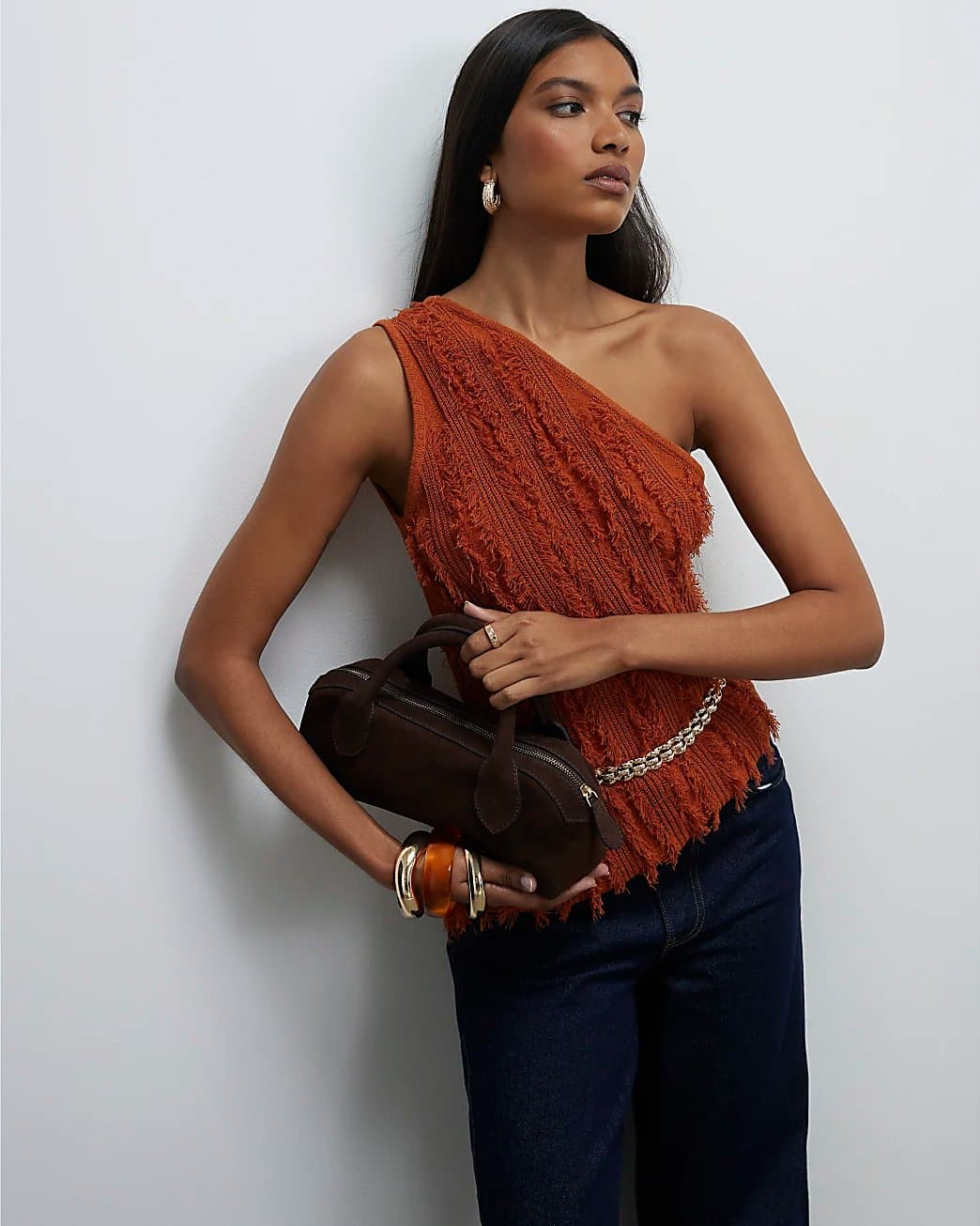 River Island River Island Womens Brown Suede Premium Bowler Bag