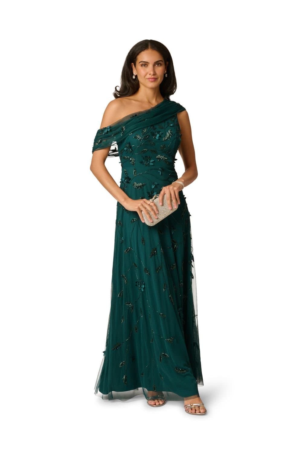 Adrianna Papell Adrianna Papell Women's Bead Asymmetric Mesh Dress in Dark Green