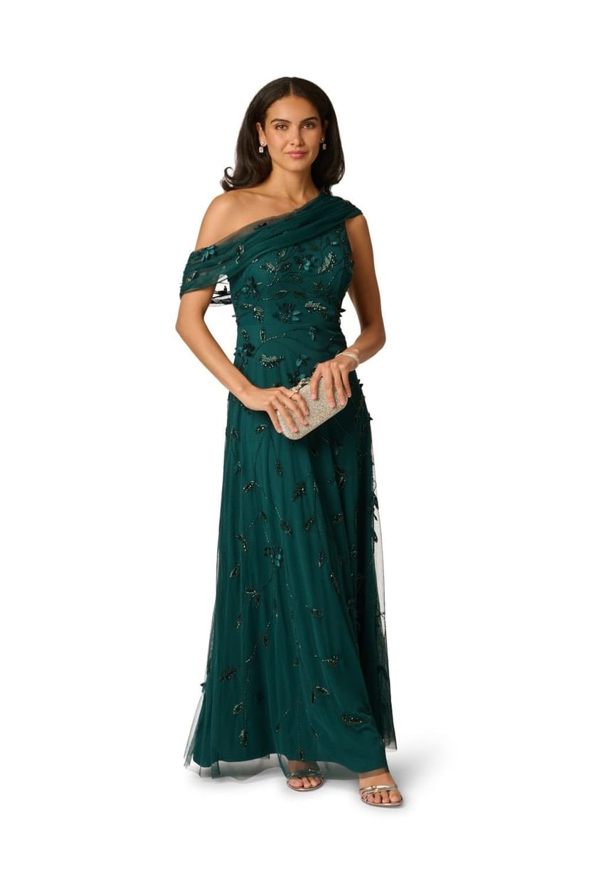Adrianna Papell Adrianna Papell Women's Bead Asymmetric Mesh Dress in Dark Green - 1