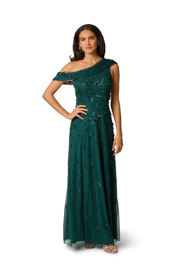Adrianna Papell Adrianna Papell Women's Bead Asymmetric Mesh Dress in Dark Green - 2
