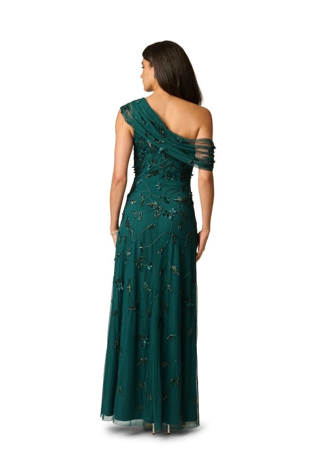 Adrianna Papell Adrianna Papell Women's Bead Asymmetric Mesh Dress in Dark Green - 3
