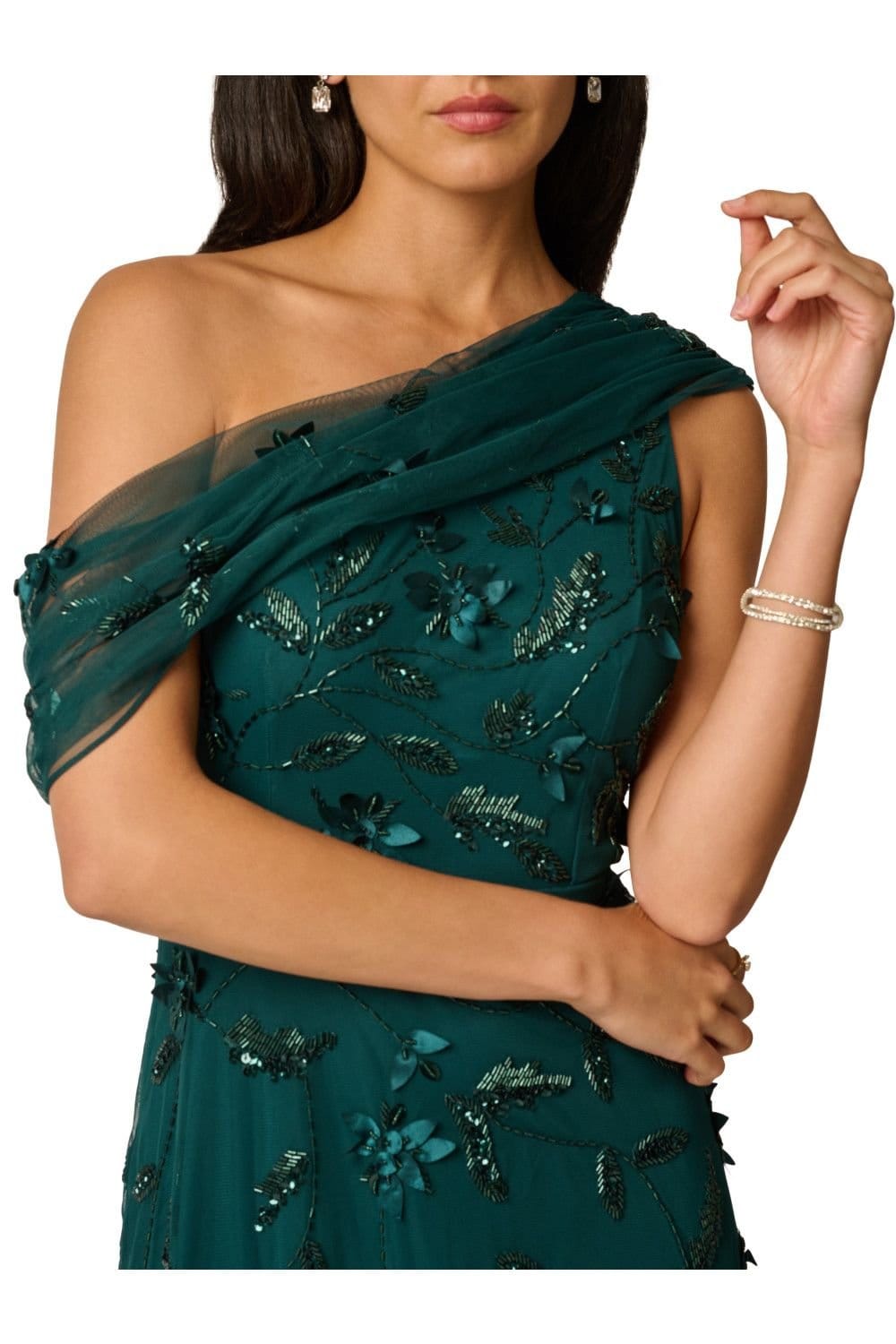 Adrianna Papell Adrianna Papell Women's Bead Asymmetric Mesh Dress in Dark Green - 4