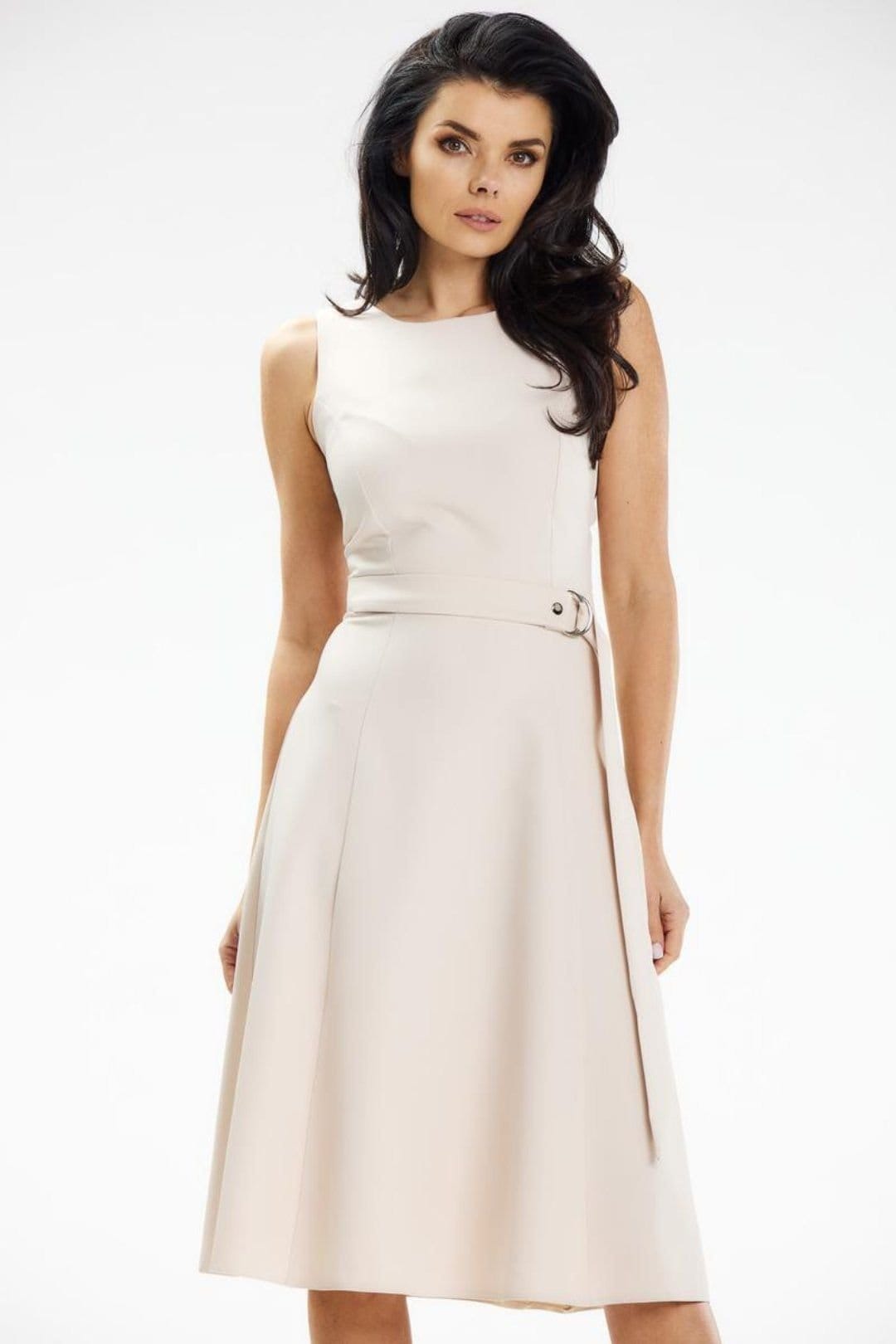 Love Lace Beige Strapless Boat Neck Midi Dress with Belt
