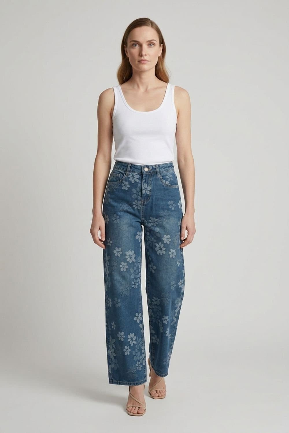 Izabel London Izabel London Women's Floral High Waist Wide Leg Jeans in Blue