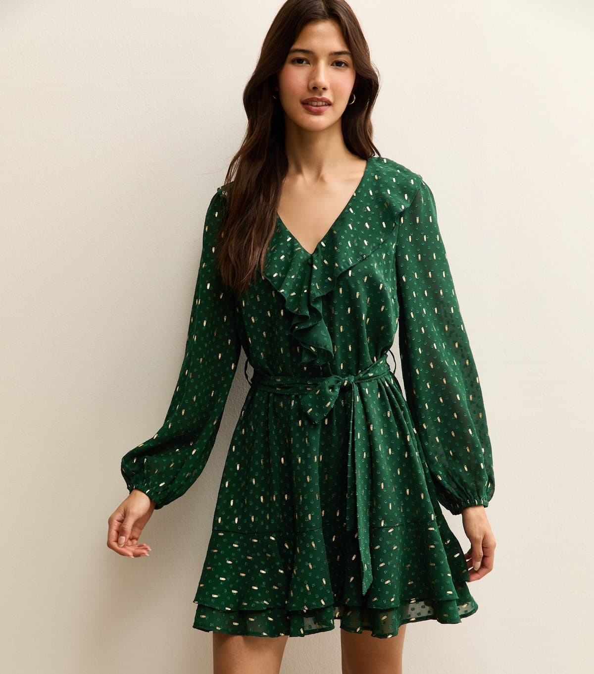 New Look Women's Dark Green Spot Chiffon Ruffle Mini Dress New Look