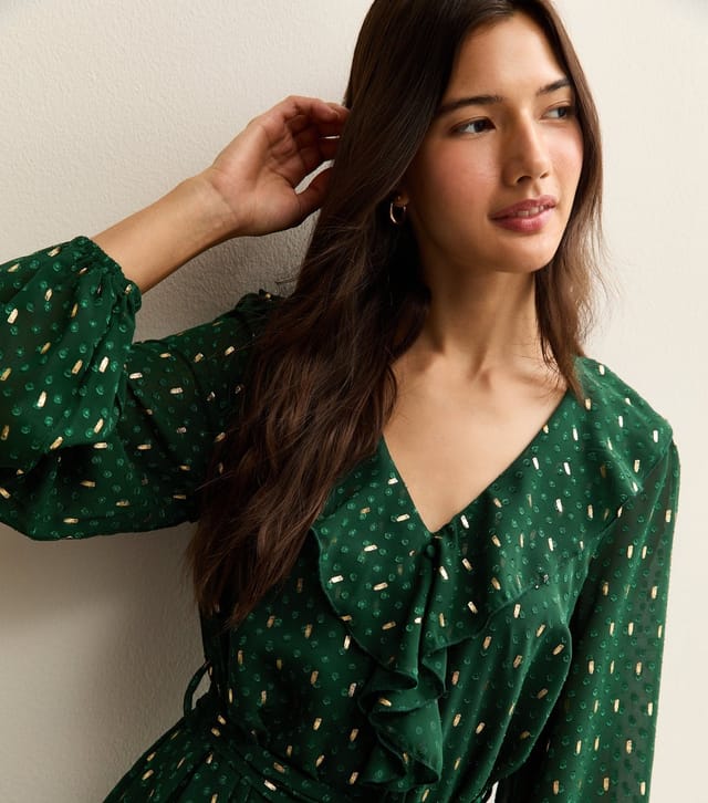 New Look Women's Dark Green Spot Chiffon Ruffle Mini Dress New Look - 2