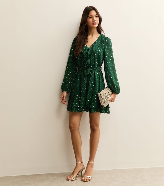 New Look Women's Dark Green Spot Chiffon Ruffle Mini Dress New Look - 3