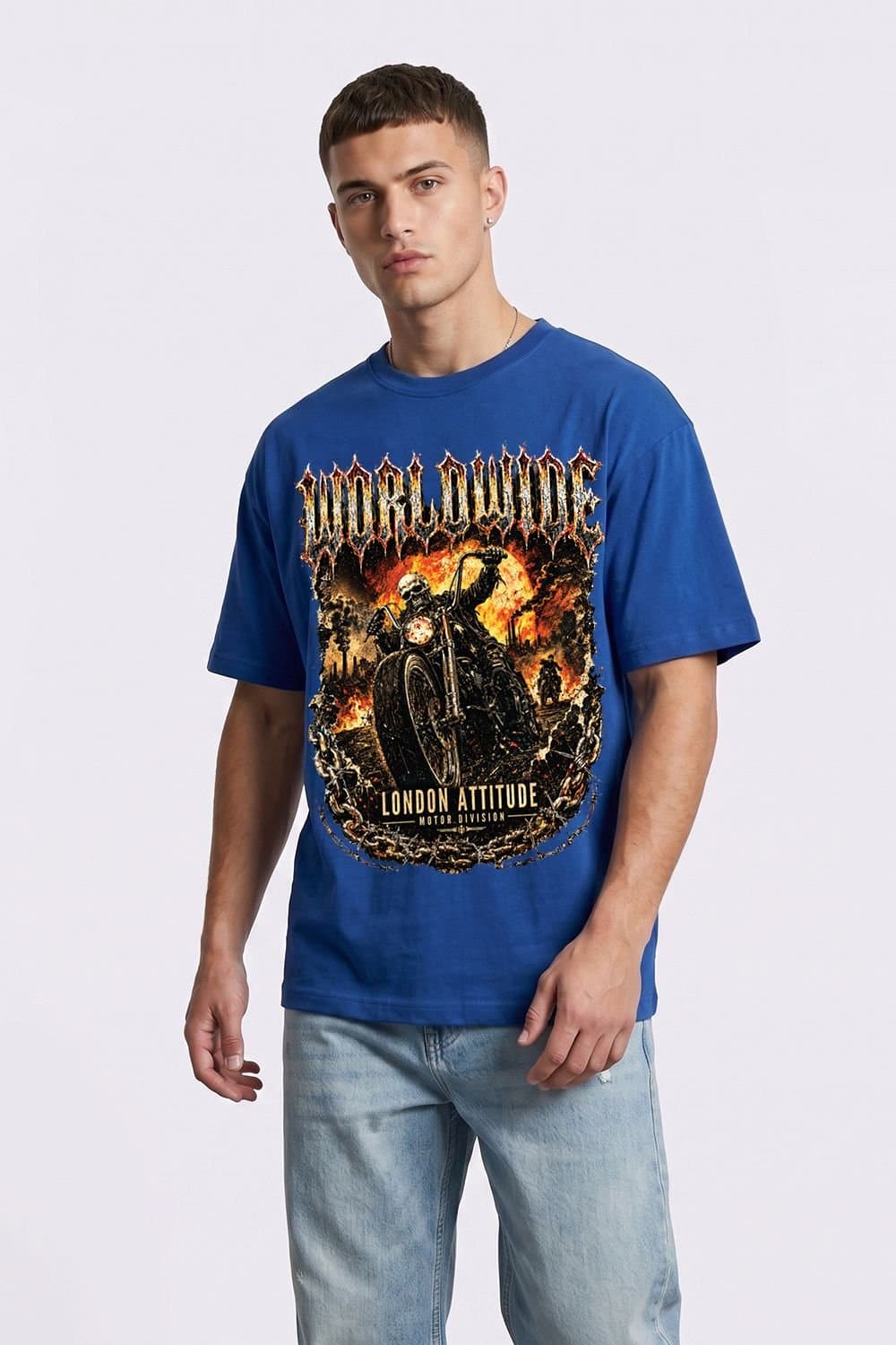 LONDON ATTITUDE LONDON ATTITUDE Men's Worldwide Skull Biker Oversized Heavyweight Graphic T-Shirt in Royal