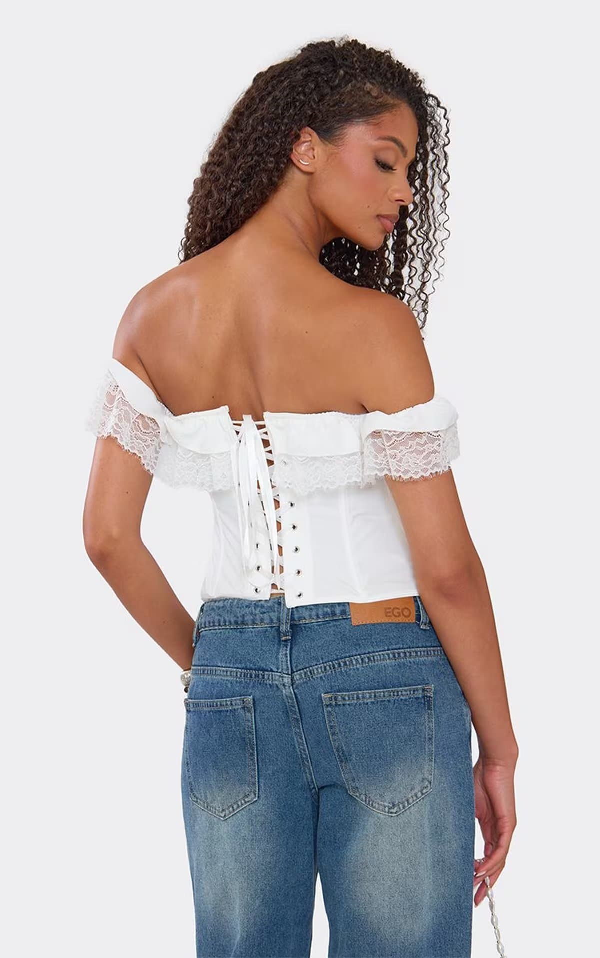 EGO Bardot Lace Trim Detail Lace Up Back Corset Top In White, Women's Size UK 6