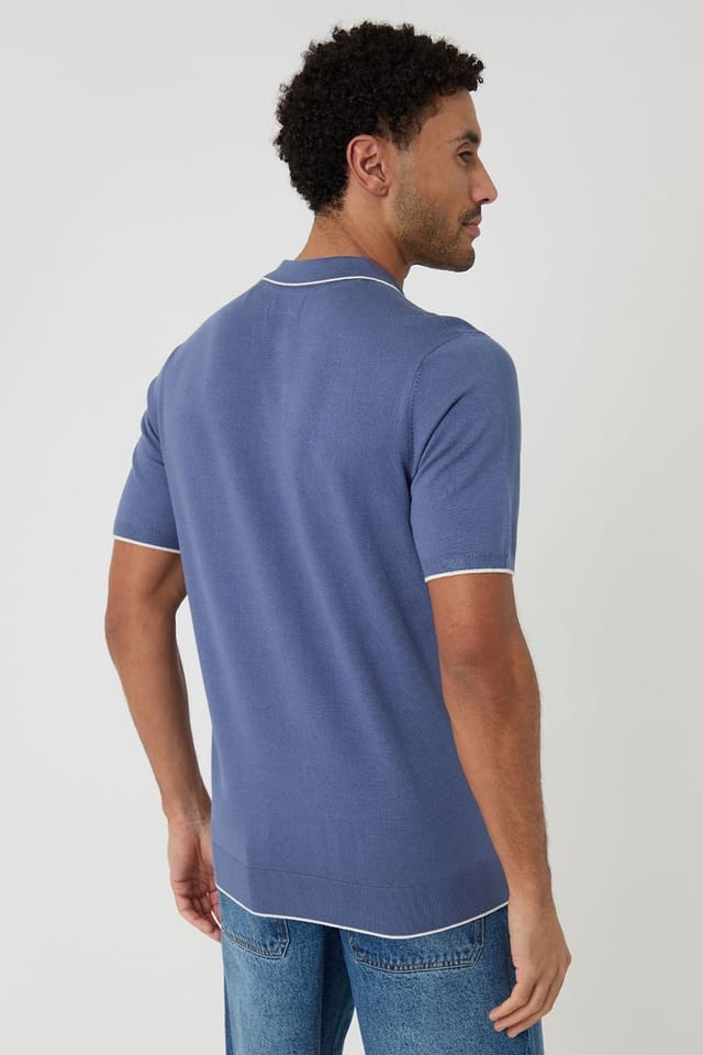 Threadbare Threadbare Men's Knitted Quarter Zip Polo With Contrast Tipping in Blue - 2