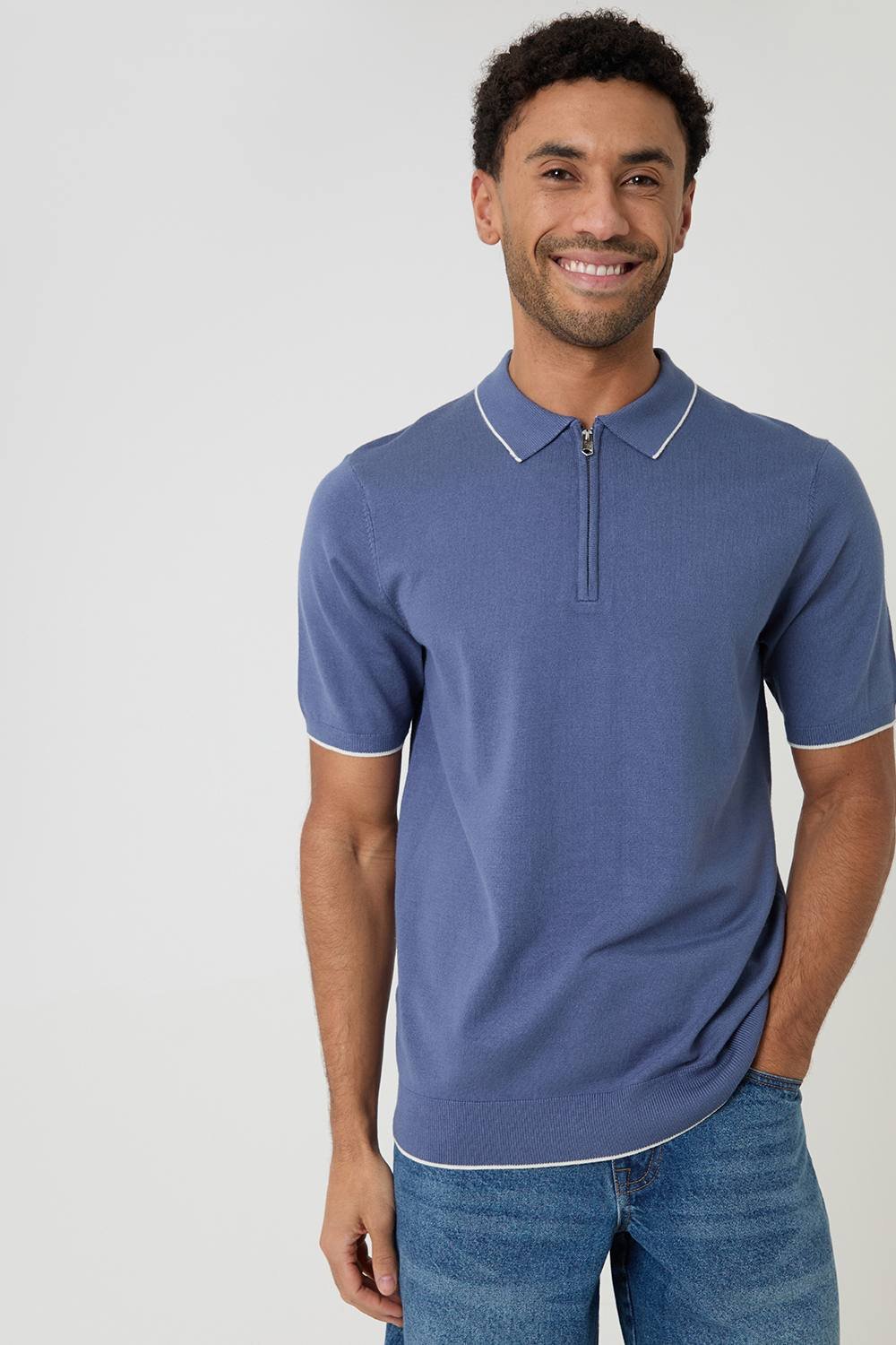 Threadbare Threadbare Men's Knitted Quarter Zip Polo With Contrast Tipping in Blue - 3