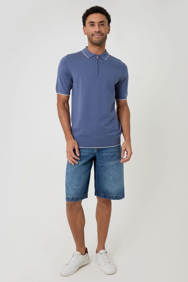 Threadbare Threadbare Men's Knitted Quarter Zip Polo With Contrast Tipping in Blue - 3