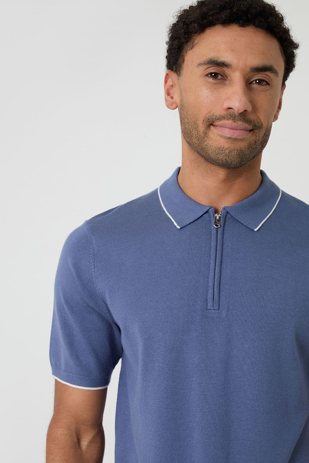 Threadbare Threadbare Men's Knitted Quarter Zip Polo With Contrast Tipping in Blue - 4