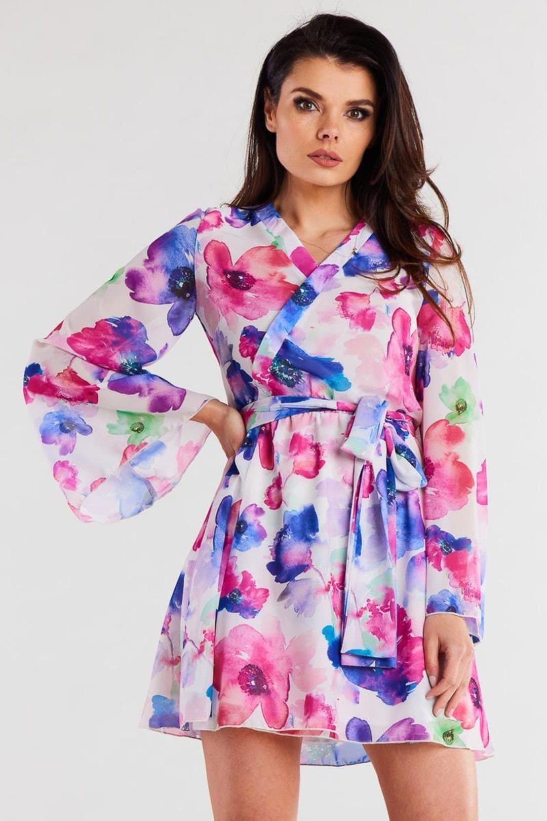 Love Lace Love Lace Women's Chiffon Kimono Dress With Pleated Neckline Belt