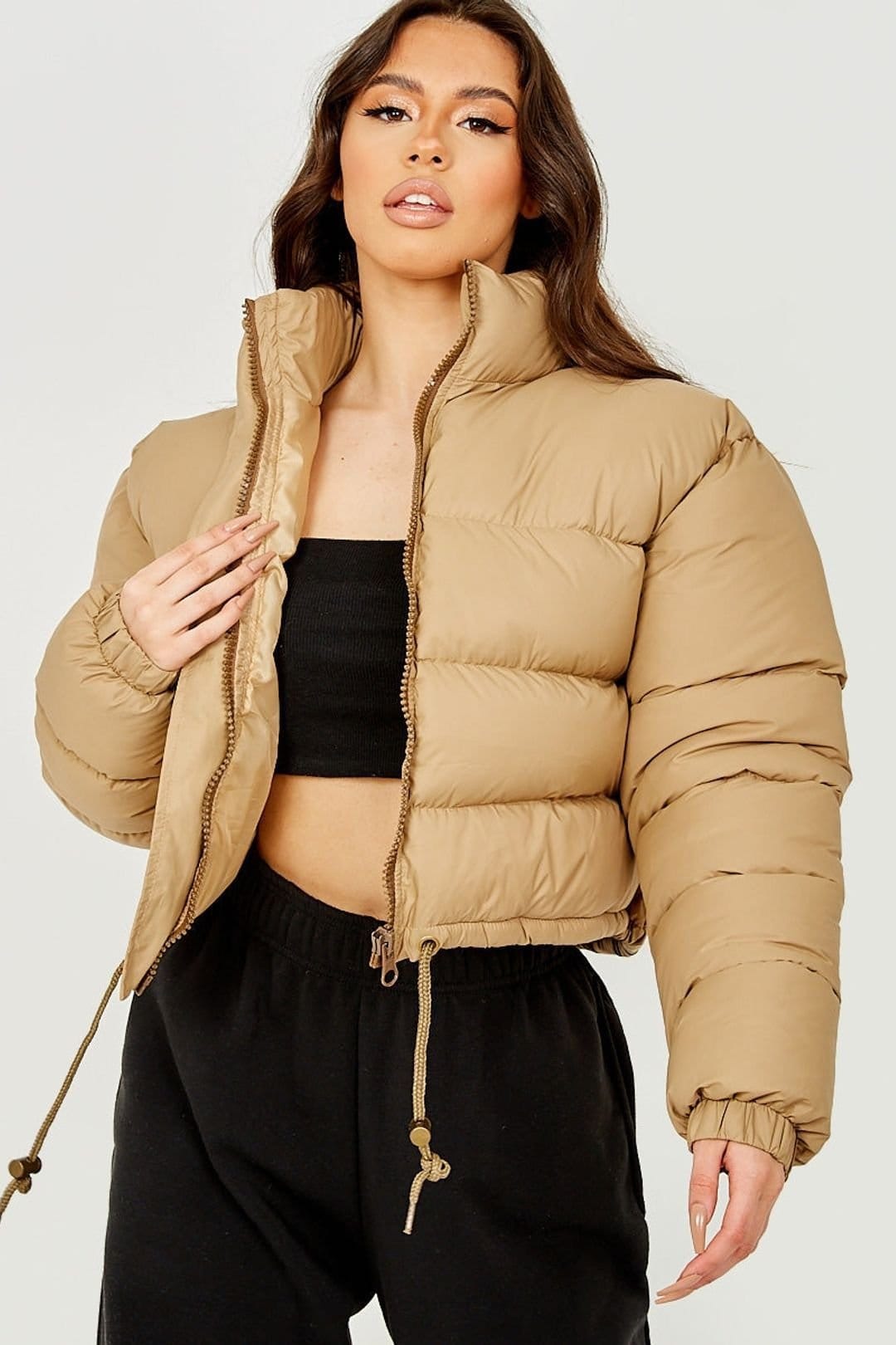 Stylewise Stone Puffer Jacket With Drawstring Detail - Cropped
