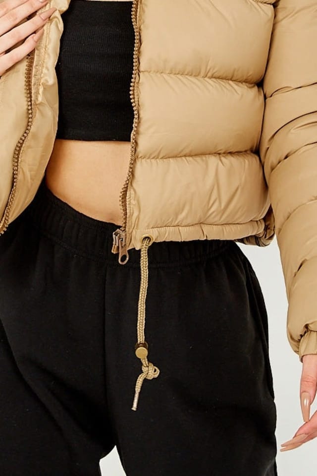 STYLEWISE STYLEWISE Women's Drawstring Detail - Cropped Fit - Puffer Jacket in Stone - 3