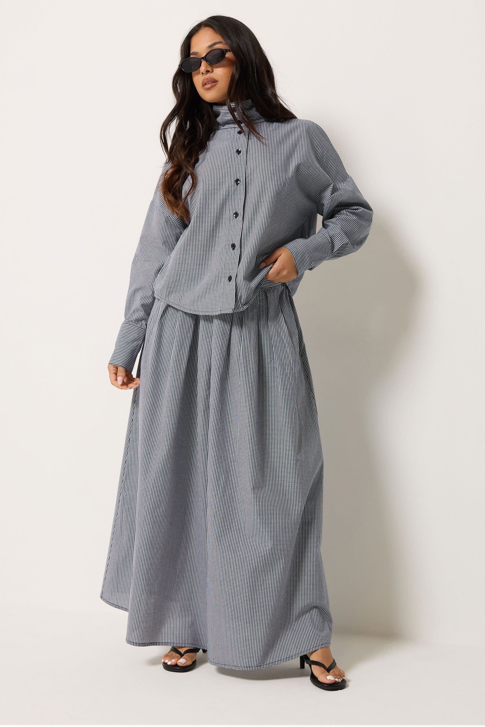 PixieGirl PixieGirl Women's Petite Cotton Funnel Neck Shirt & Maxi Skirt in Black