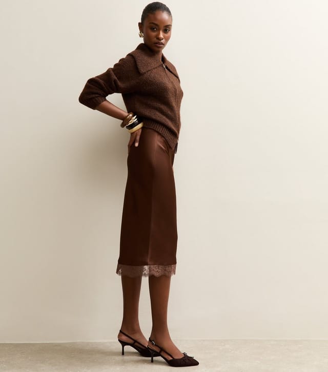 New Look Women's Dark Brown Satin Lace Trimmed Midi Skirt New Look - 2