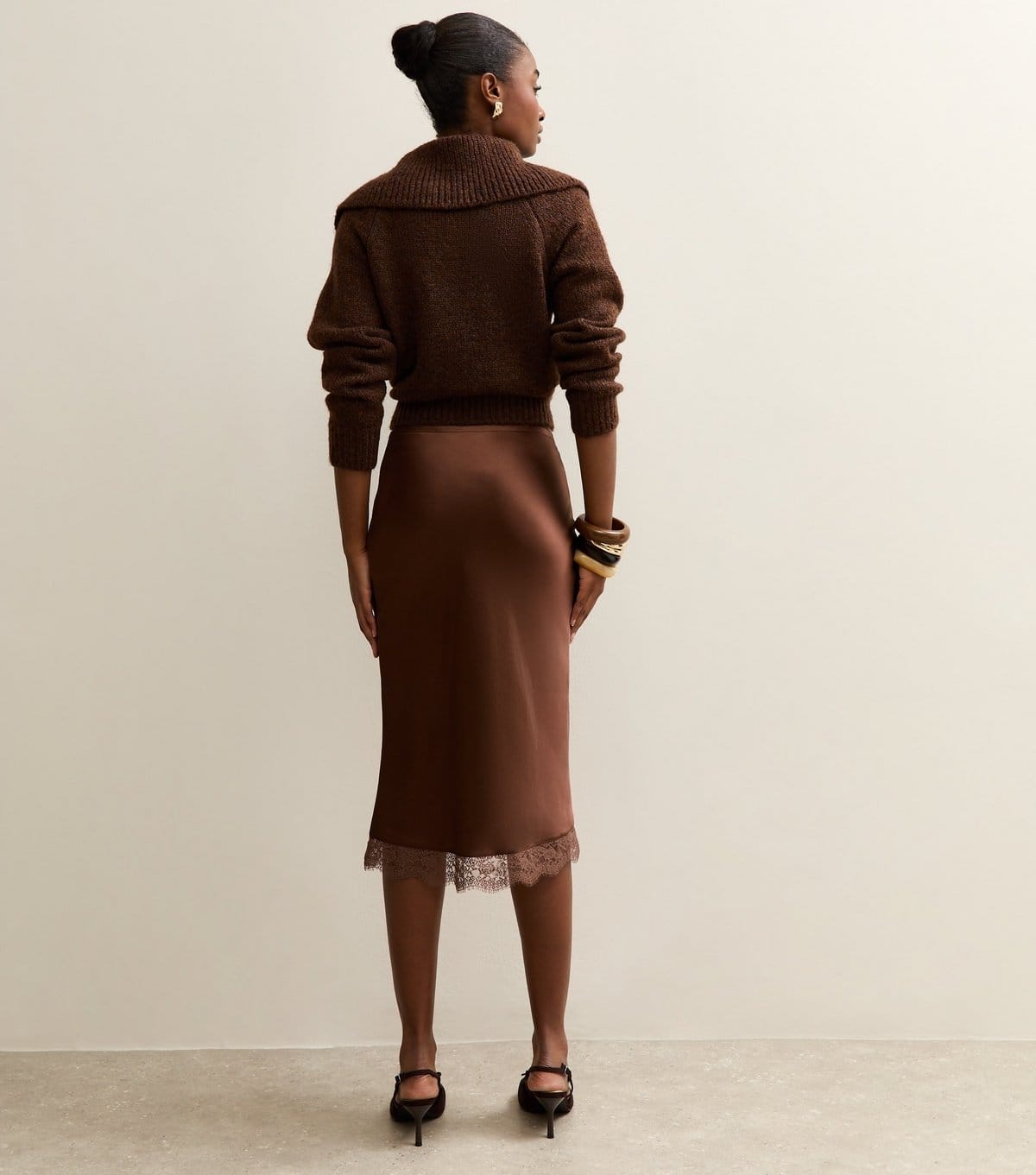 New Look Women's Dark Brown Satin Lace Trimmed Midi Skirt New Look - 4