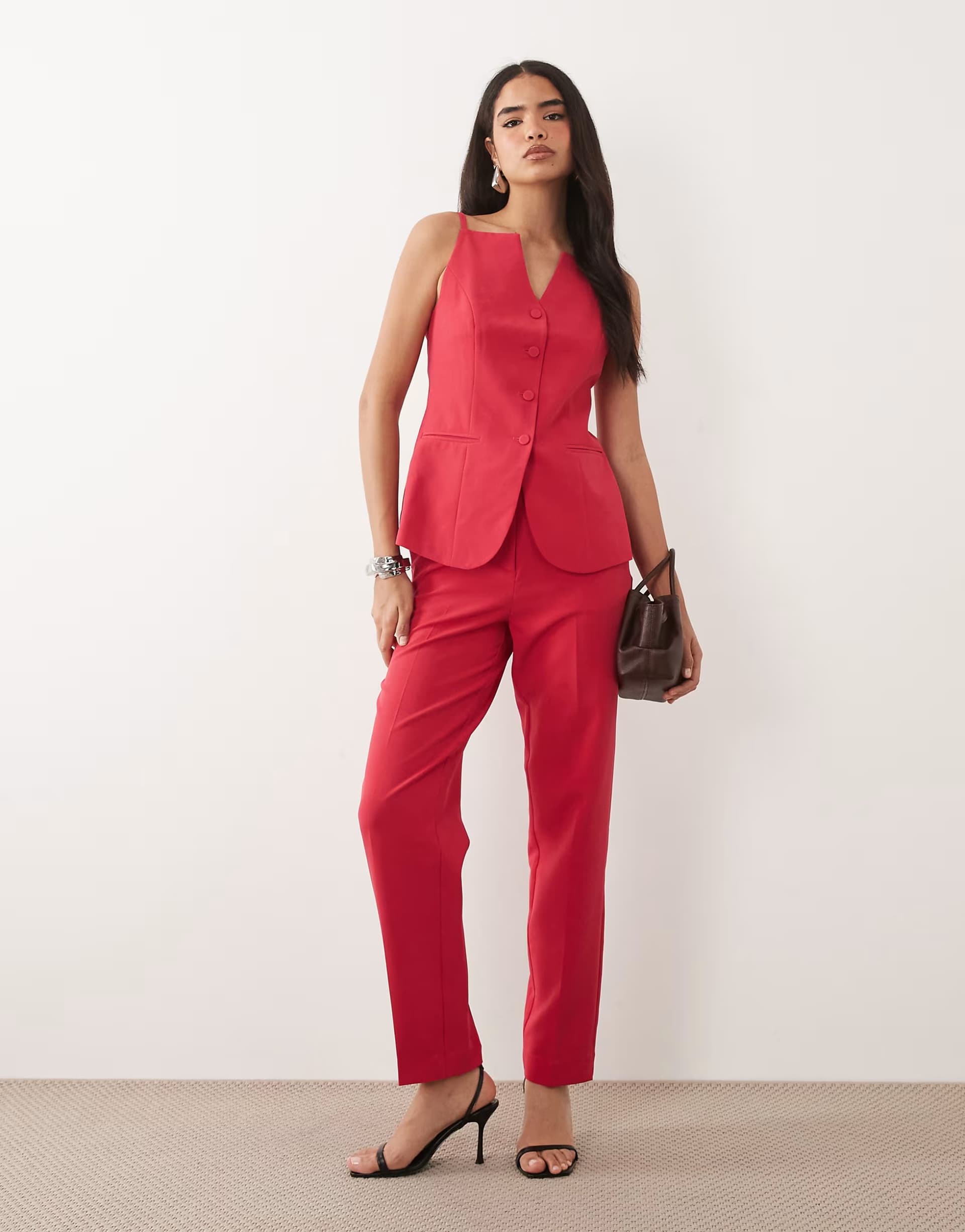 ASOS Vila tailored square neck structured waistcoat & high waist trouser co-ord in bright pink
