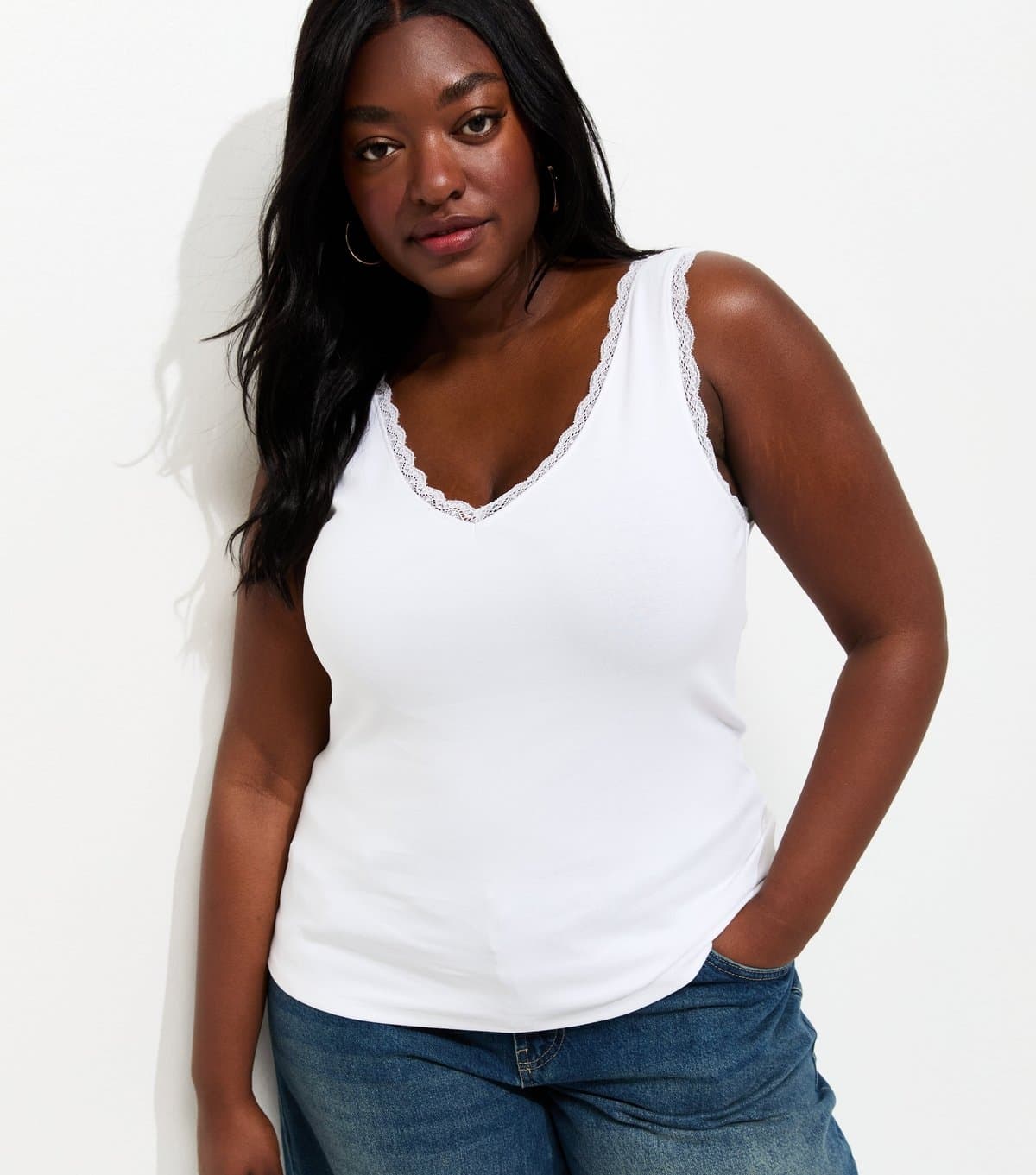 New Look Women's Plus Size White Lace Trim Vest Top Curves New Look