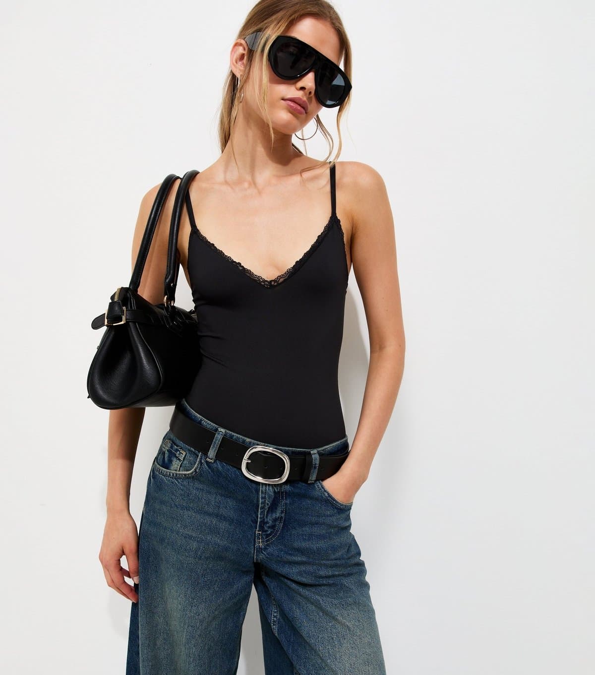 New Look Women's Black Jersey Lace Trim V-Neck Bodysuit New Look
