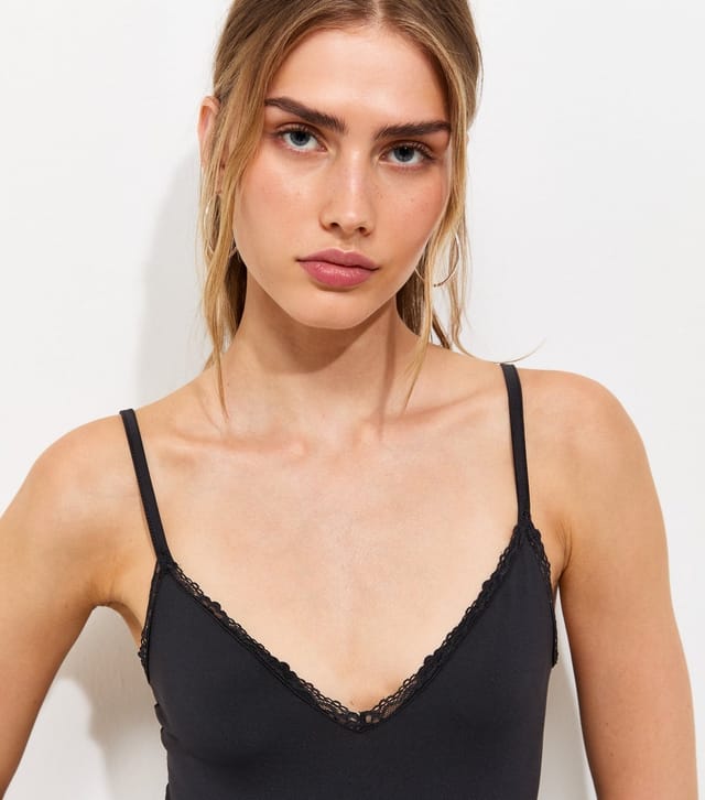 New Look Women's Black Jersey Lace Trim V-Neck Bodysuit New Look - 2
