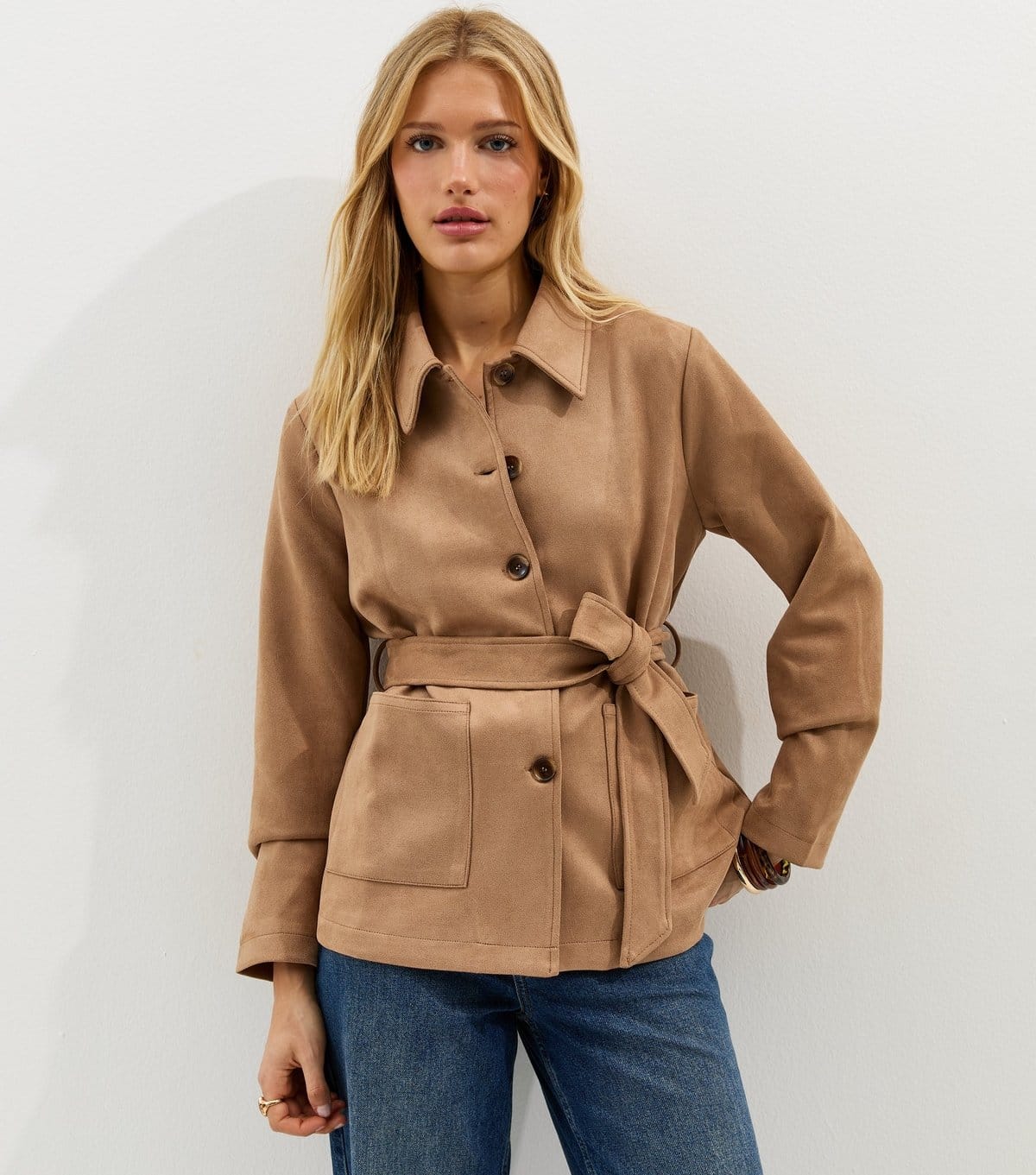 New Look Women's Camel Faux Suede Button Through Belted Jacket New Look - 4