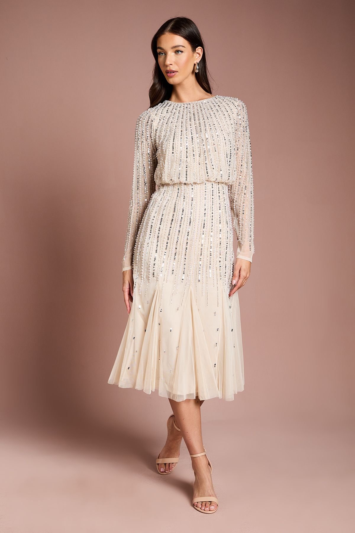 Coast Coast Women's Party Sequin Long Sleeve Midi Dress in Champagne - 2